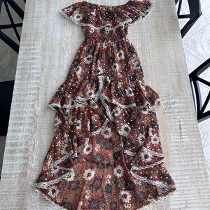 Shyanne Off the Shoulder Brown/White Floral Asymmetrical Maxi Dress Size Small